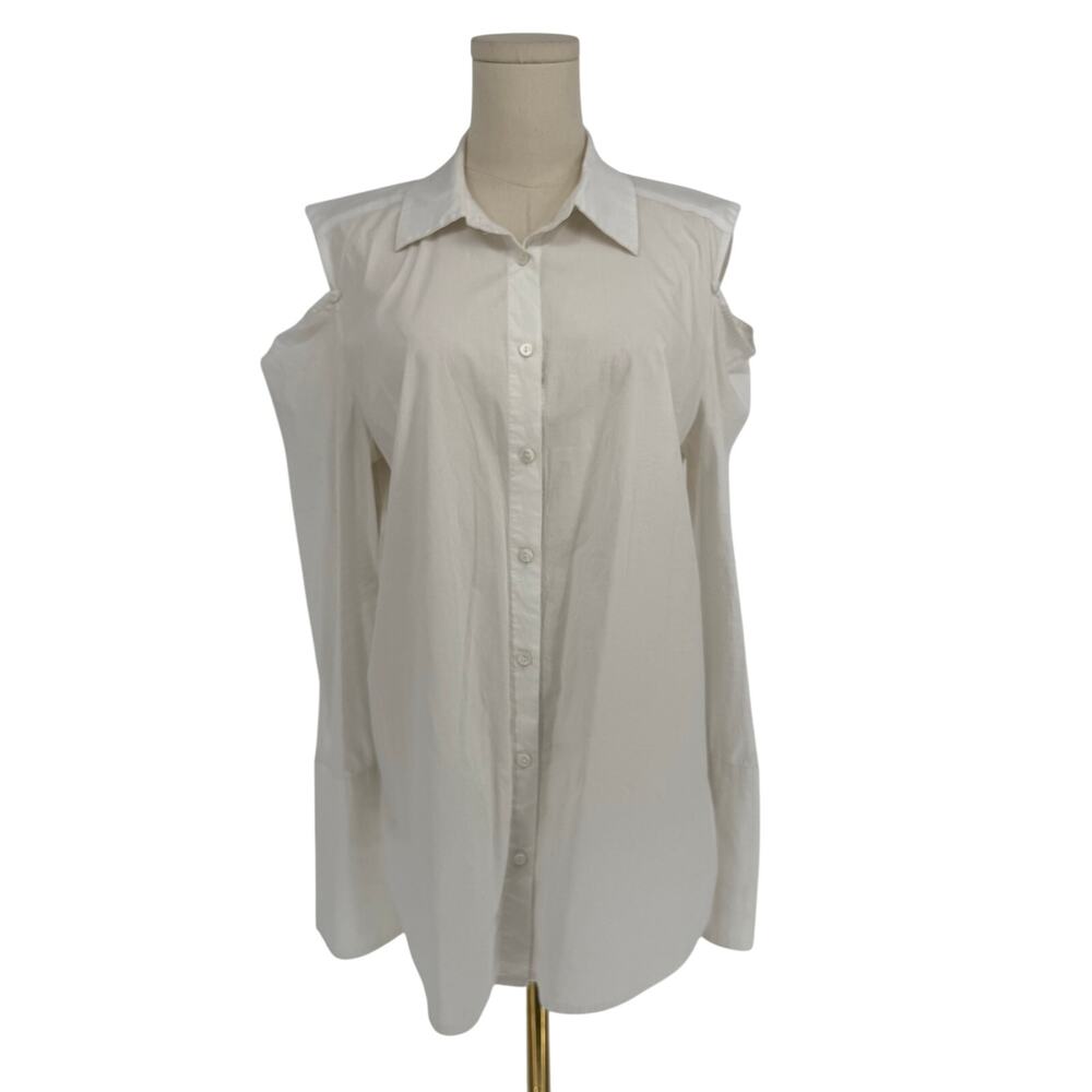 NYDJ Cold Shoulder Ponte White Collared Button Up Shirt, Size M